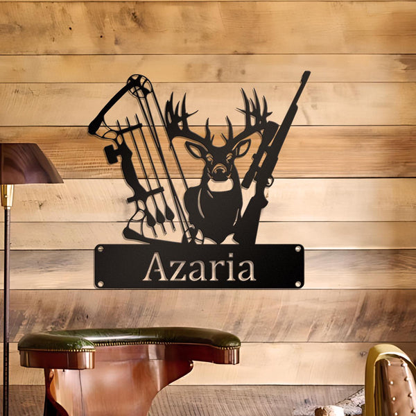 Custom Deer Hunter Metal Sign, Personalized Bow and Hunting Rifle Sign, Deer Hunting Wall Hanging, Cabin Sign, Xmas Hunter Gift, Home Decor