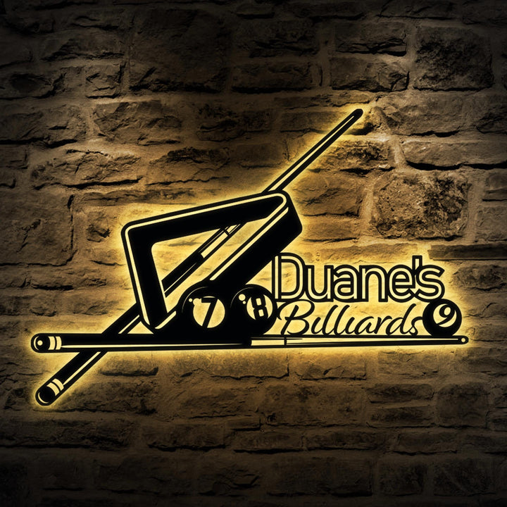 Custom Billiards Sport And Bar Metal Wall Art with LED Light Personalized Snooker Player Name Sign Home Decor Pool Ball Decoration Man Cave