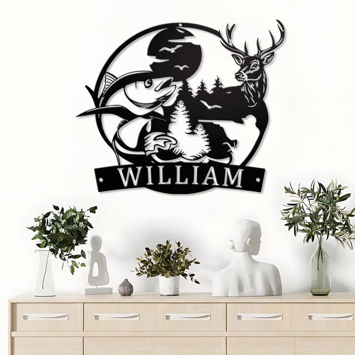 Custom Deer And Fishing Metal Wall Art LED Light Personalized Hunter Name Sign Home Decor Antler Hunting Cabin Decoration Housewarming Xmas