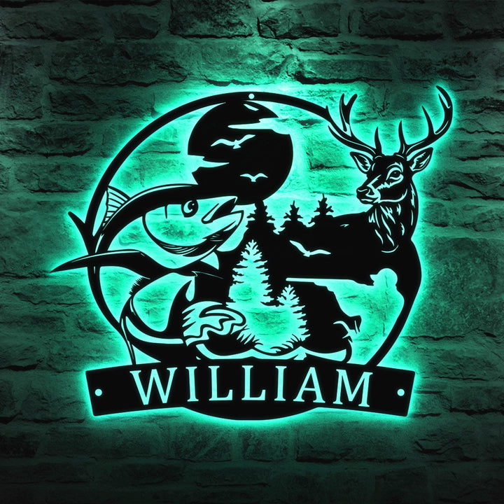 Custom Deer And Fishing Metal Wall Art LED Light Personalized Hunter Name Sign Home Decor Antler Hunting Cabin Decoration Housewarming Xmas
