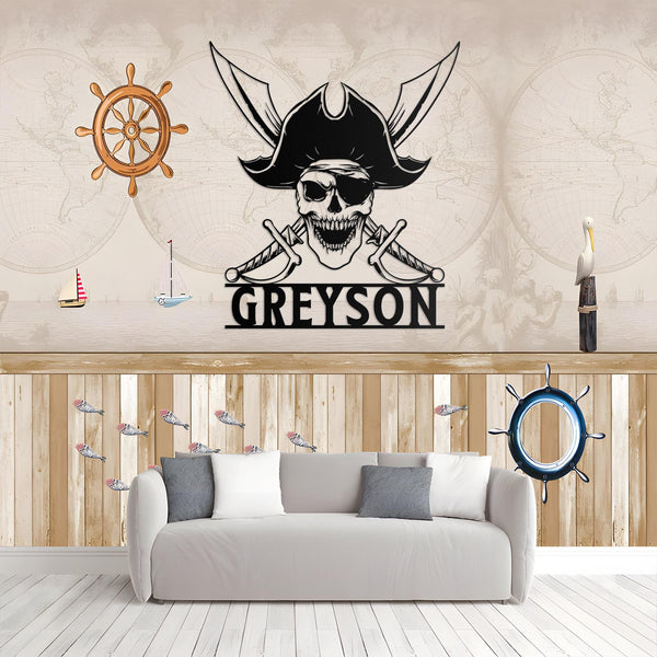 Custom Pirate Skull Metal Wall Art LED Light Personalized Pirate Ship Name Sign Home Decor Skeleton Piracy Decoration Birthday Housewarming