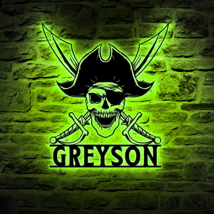 Custom Pirate Skull Metal Wall Art LED Light Personalized Pirate Ship Name Sign Home Decor Skeleton Piracy Decoration Birthday Housewarming