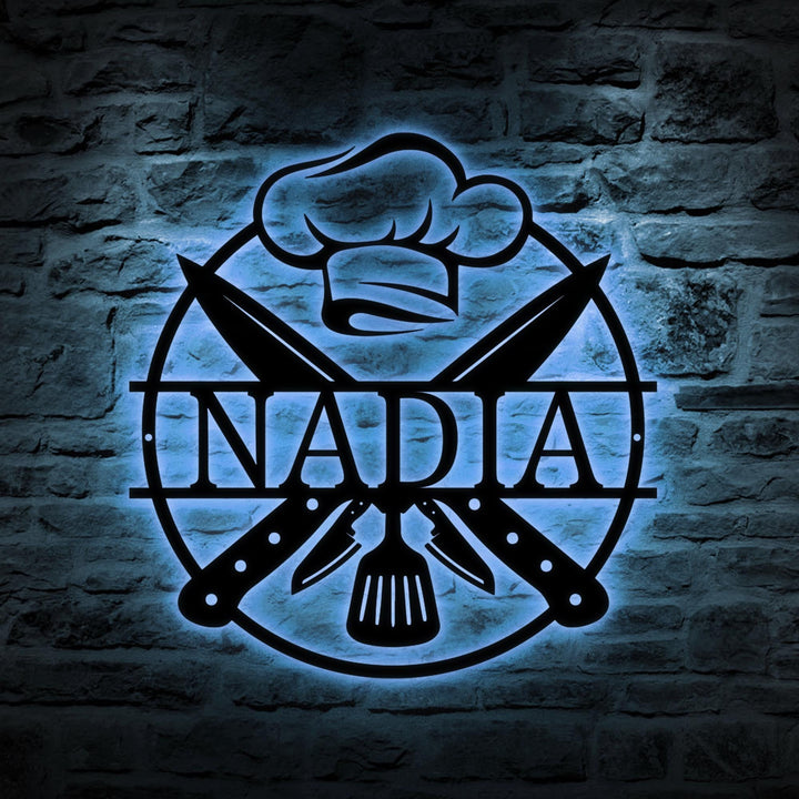 Personalized Cooking Chef Metal Sign, Custom Home Kitchen Housewarming Wall Decor, Baker Cooking Lover Gift, Backyard Metal With Led Light