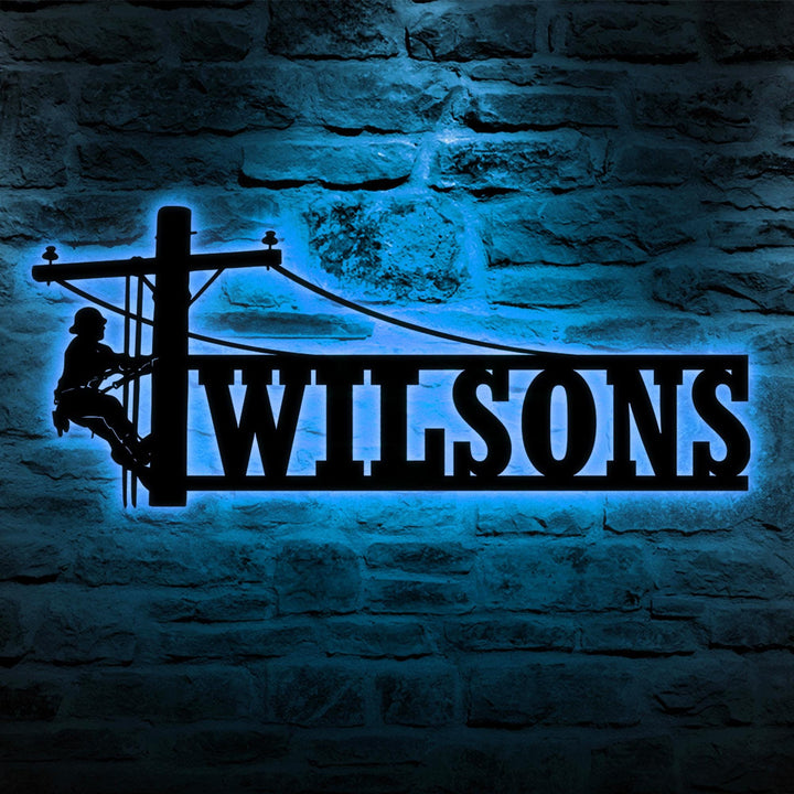 Personalized US Lineman Metal Wall Art With LED Light, Custom Lineman Name Sign Decoration, Christmas Gift, Flag Electrician Decor