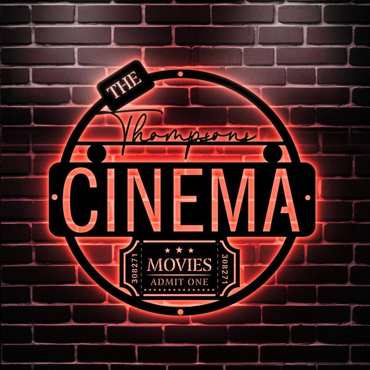 Personalized LED Family Name Cinema Metal Sign | Light up Home Theater Wall Art Housewarming Gift | Door Hanger | Wedding Gift | Theatre Art