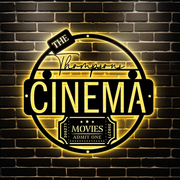 Personalized LED Family Name Cinema Metal Sign | Light up Home Theater Wall Art Housewarming Gift | Door Hanger | Wedding Gift | Theatre Art