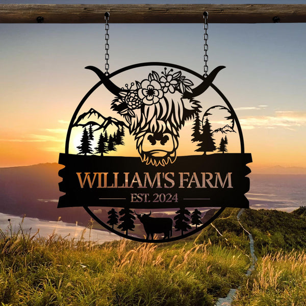 Custom Highland Cow Metal Sign,Highland Cow Metal Wall Art,Personalized Highland Cow Farm Welcome Sign,Farmhouse Decor,Cow Door Hanger Sign