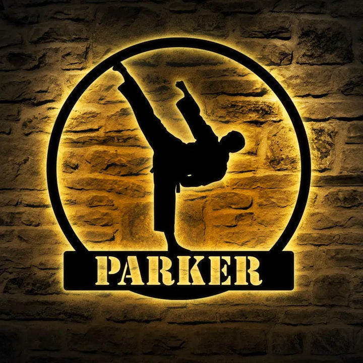 Custom Boy Taekwondo Arts Metal Wall Art with LED Light Personalized Kid Tae Kwon Do Martial Name Sign Home, Room Decor, Xmas Gift For Son