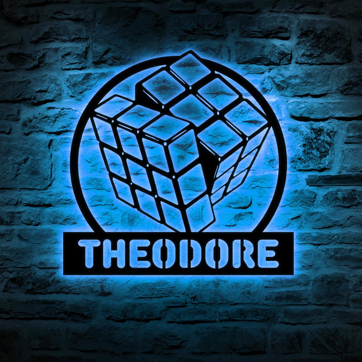 Custom Rubik's Cube Metal Wall Art LED Light, Personalized Rubiks Cube Name Sign, Home Decor Puzzle Cube, Game Room Decor, Xmas Kids Gift