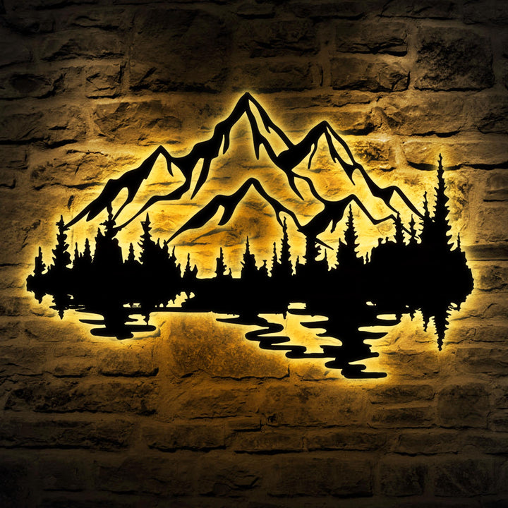 Nature Mountain Forest Metal Wall Art LED Light Hill Tree Large Adventure Sign Home Hiking Decor Camper Hiker Nursery Decoration Birthday