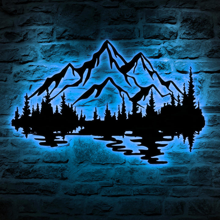 Nature Mountain Forest Metal Wall Art LED Light Hill Tree Large Adventure Sign Home Hiking Decor Camper Hiker Nursery Decoration Birthday