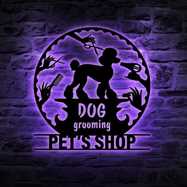 Custom Dog Grooming Hair Salon Metal Wall Art LED Light, Personalized Groomer Name Sign, Home Decor Pet Barber Shop, Christmas Gift