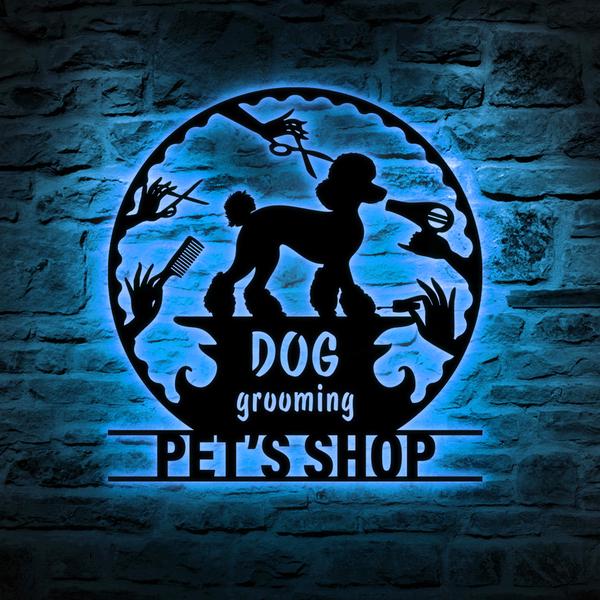 Custom Dog Grooming Hair Salon Metal Wall Art LED Light, Personalized Groomer Name Sign, Home Decor Pet Barber Shop, Christmas Gift
