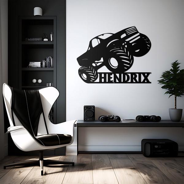 Custom Monster Truck Driver Metal Wall Art LED Light, Personalized Fire Flame Off Road Vehicle Name Sign, Kid Room Gift, Nursery Decoration