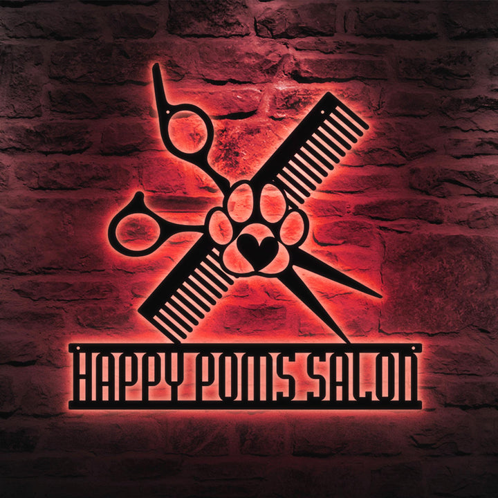 Custom Dog Grooming Hair Salon Metal Wall Art LED Light Personalized Groomer Name Sign Home Decor Pet Grooming Decoration Christmas Gift