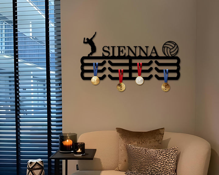 Custom Volleyball Men Medal, Sport Hanger Monogram Metal Sign - 12 Rungs for medals & Ribbons, Show Team Spirit, Display Rack for Awards