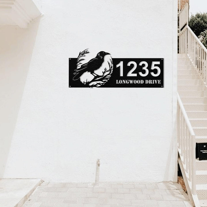 Personalized Crow Raven Metal Address Sign House Number, Custom Hanging Address Plaque, Yard Sign, Outdoor Decor, Entrance Welcome Sign