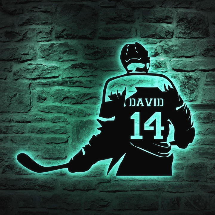 Custom Ice Hockey Metal Wall Art LED Light, Personalized Player Stick Sign Home Decor, Kid Boy Girl Lover Nursery Decoration, Christmas Gift