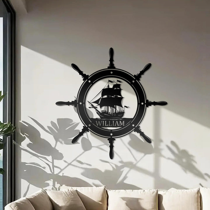 Custom Pirate Ship Captain Wheel Metal Wall Art With LED Light, Personalized Pirate Ship Name Sign Decoration, Pirate Ship Metal LED Decor