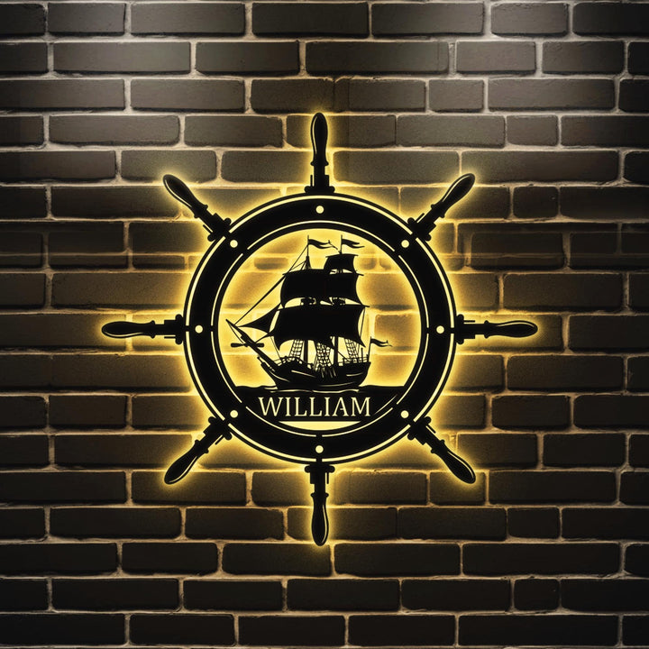 Custom Pirate Ship Captain Wheel Metal Wall Art With LED Light, Personalized Pirate Ship Name Sign Decoration, Pirate Ship Metal LED Decor