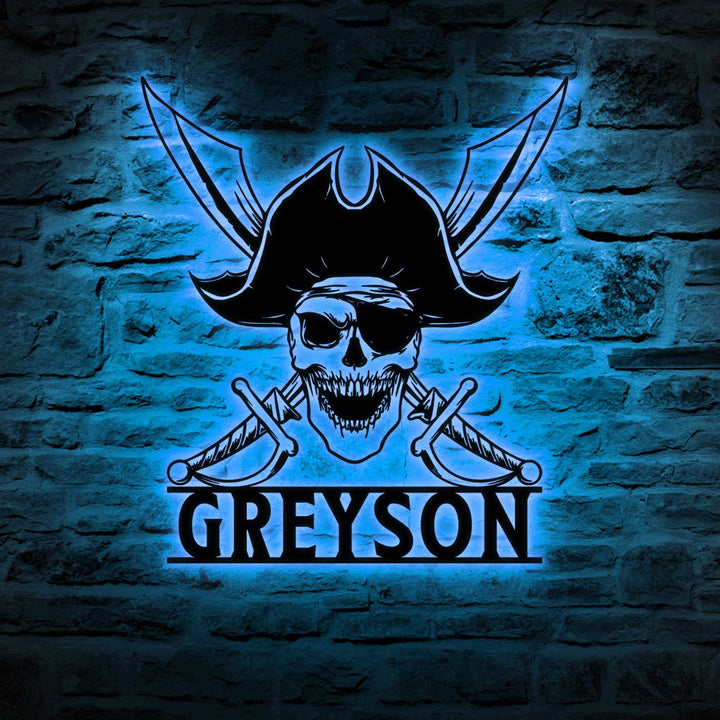 Custom Pirate Skull Metal Wall Art LED Light Personalized Pirate Ship Name Sign Home Decor Skeleton Piracy Decoration Birthday Housewarming