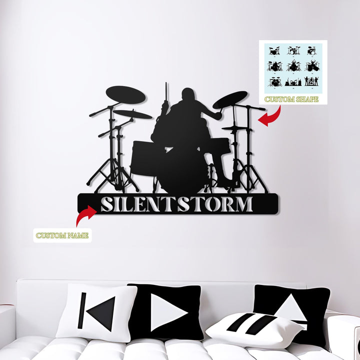Custom Drum Metal Sign Wall Art With LED Lights, Personalized Drummer Name Sign, Metal Wall Hanging, Gift For Musician, Music Decor