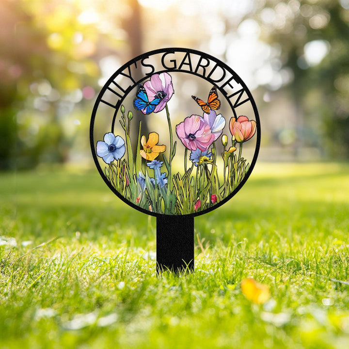 Personalized Garden Metal Sign With Stakes, Custom Garden Name Sign, Garden Flower Sign, Metal Yard Art, Housewarming Gift, Outdoor Decor