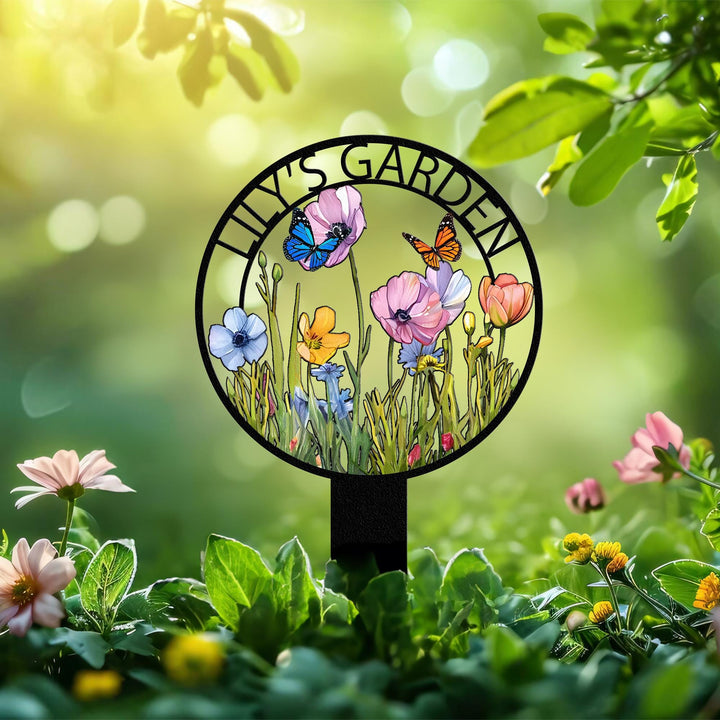 Personalized Garden Metal Sign With Stakes, Custom Garden Name Sign, Garden Flower Sign, Metal Yard Art, Housewarming Gift, Outdoor Decor