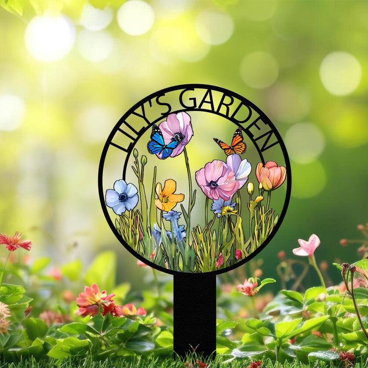 Personalized Garden Metal Sign With Stakes, Custom Garden Name Sign, Garden Flower Sign, Metal Yard Art, Housewarming Gift, Outdoor Decor