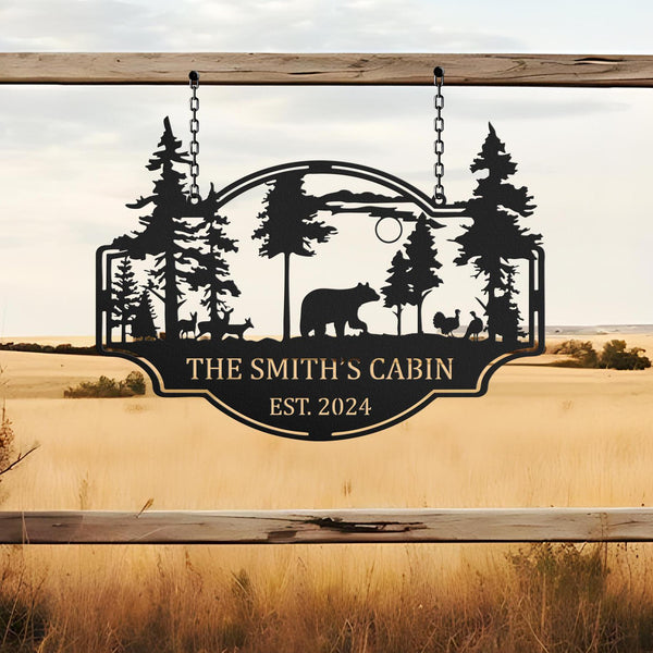 Custom Wilderness Bear and Dear Cabin Sign, Mountain Decor Personalized Metal Bear Sign, Cabin Decor, Outdoor Decor, Rustic Cabin Bear Sign