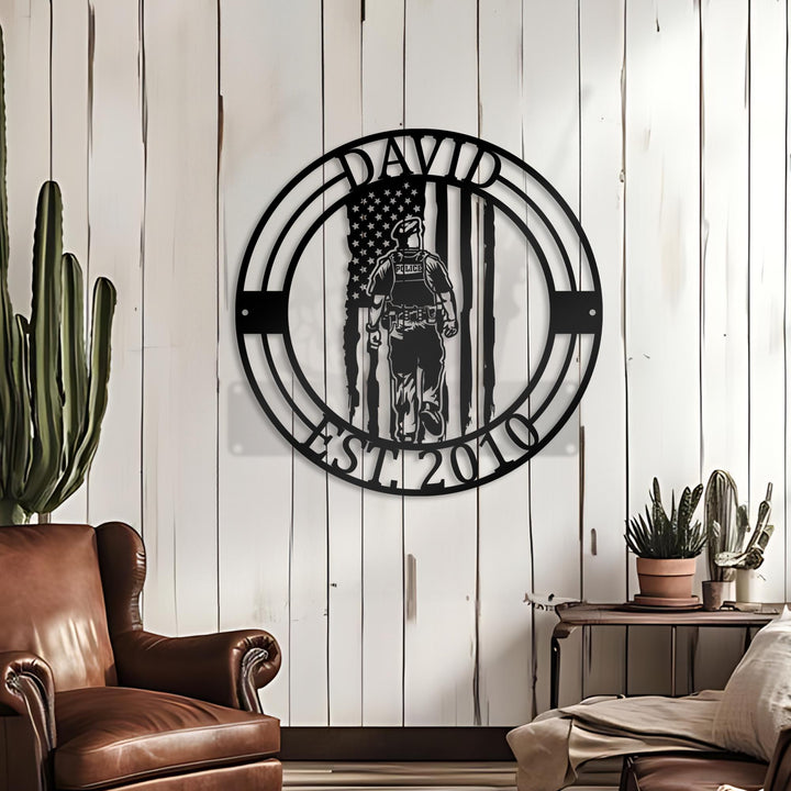Police Circle Monogram, Gift for Sheriff, Deputy, Trooper, Officer, Marshal, Personalized Steel Metal Sign, Custom Name Police Xmas Gift