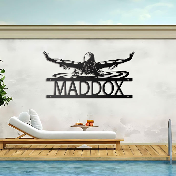 Personalized Man Swimmer Metal Wall Art LED Light, Custom Swimming Butterfly Stroke Swim Team Name Sign, Home Decor Xmas Sport Lover Gift
