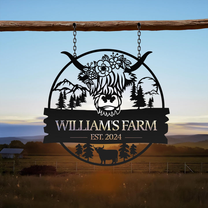 Custom Highland Cow Metal Sign,Highland Cow Metal Wall Art,Personalized Highland Cow Farm Welcome Sign,Farmhouse Decor,Cow Door Hanger Sign