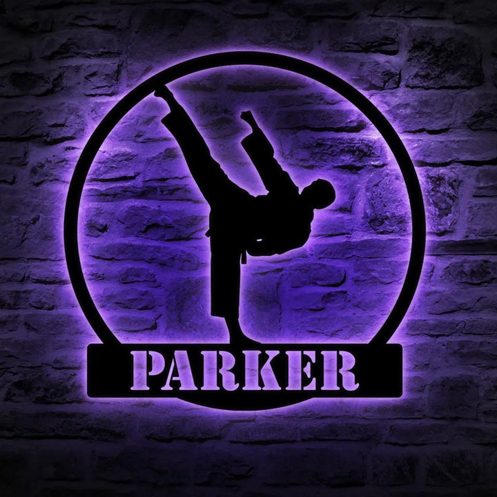 Custom Boy Taekwondo Arts Metal Wall Art with LED Light Personalized Kid Tae Kwon Do Martial Name Sign Home, Room Decor, Xmas Gift For Son