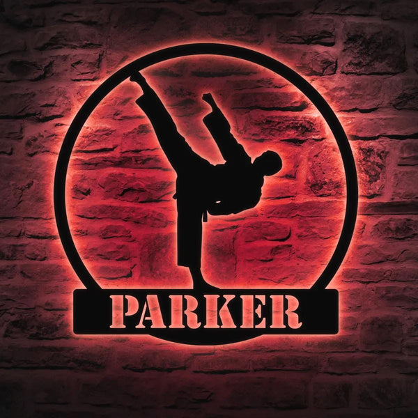 Custom Boy Taekwondo Arts Metal Wall Art with LED Light Personalized Kid Tae Kwon Do Martial Name Sign Home, Room Decor, Xmas Gift For Son
