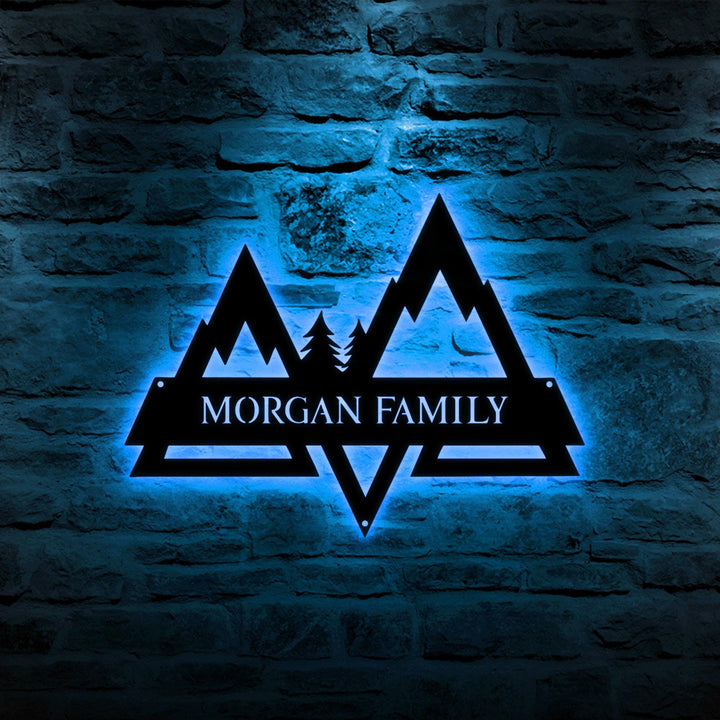 Custom Mountains Split Metal Sign with Led Lights, Outdoor Cabin Decor, Personalized Mountain Metal Wall Art, Xmas Cabin Monogram Sign
