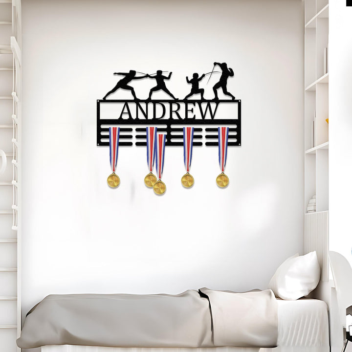Custom Fencing Medal Holder LED Light, Personalized Fencing Player Name Medal Hanger, Sport Display Awards Sign, Fencer Metal Wall Art Decor
