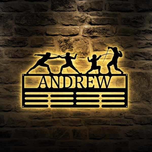 Custom Fencing Medal Holder LED Light, Personalized Fencing Player Name Medal Hanger, Sport Display Awards Sign, Fencer Metal Wall Art Decor