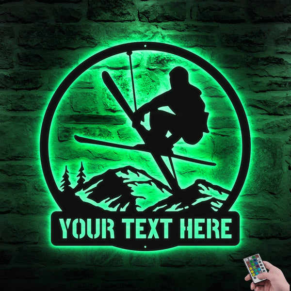 Custom Snow Skiing Winter Sport Metal Wall Art LED Lights Personalized Skier Name Sign Home Decor Sport Lover Xmas Birthday Gift