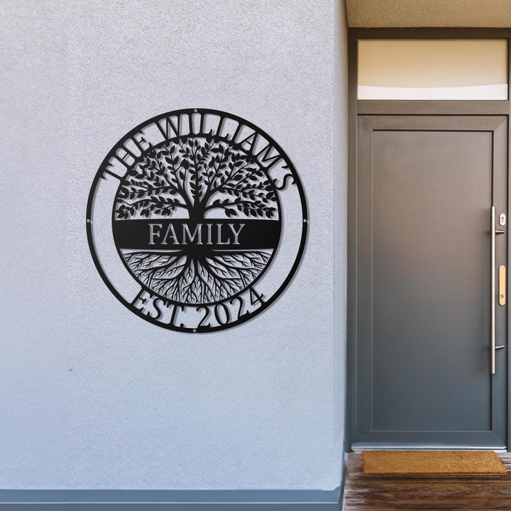 Custom Welcome Family Tree of Life Name Sign - Personalized Metal Wall Art Deco - Metal Home Sign - Family Wall Hanging Olive Tree Door Sign
