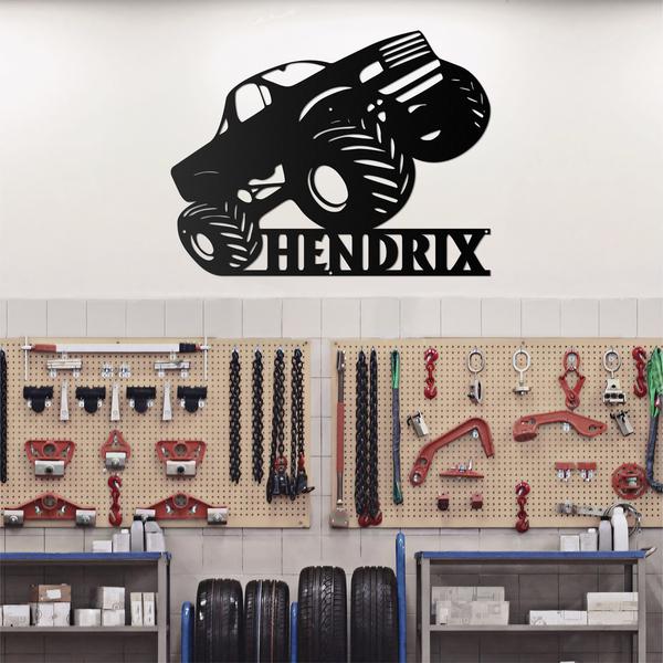 Custom Monster Truck Driver Metal Wall Art LED Light, Personalized Fire Flame Off Road Vehicle Name Sign, Kid Room Gift, Nursery Decoration