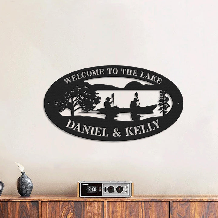 Custom Serene Lake Sign of Couple in Canoe - Metal Wall Art with LED Lights, Personalized Lake House Decor, Outdoor, Xmas Birthday Gift