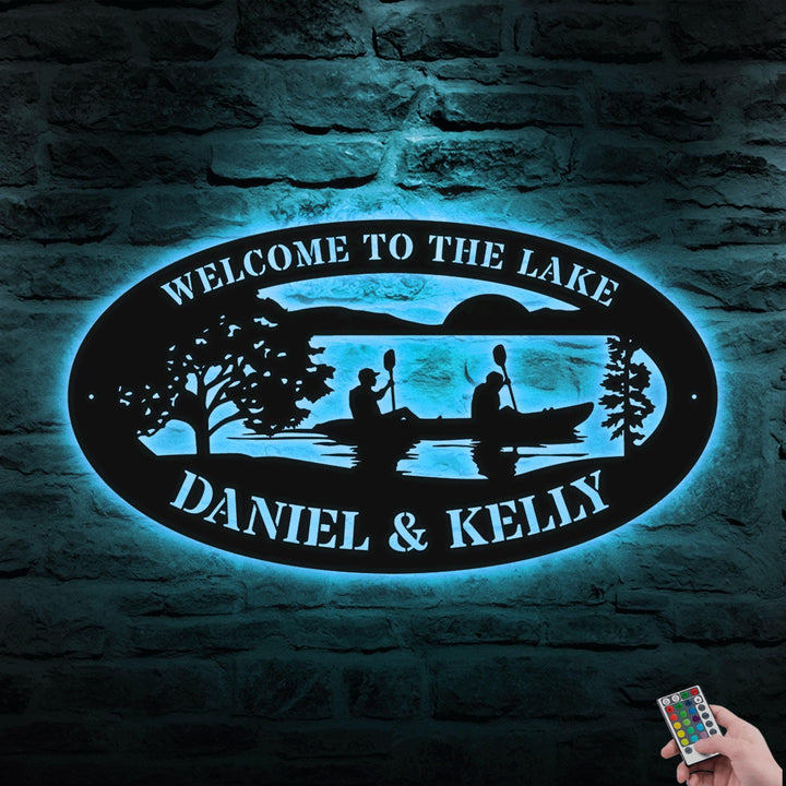 Custom Serene Lake Sign of Couple in Canoe - Metal Wall Art with LED Lights, Personalized Lake House Decor, Outdoor, Xmas Birthday Gift
