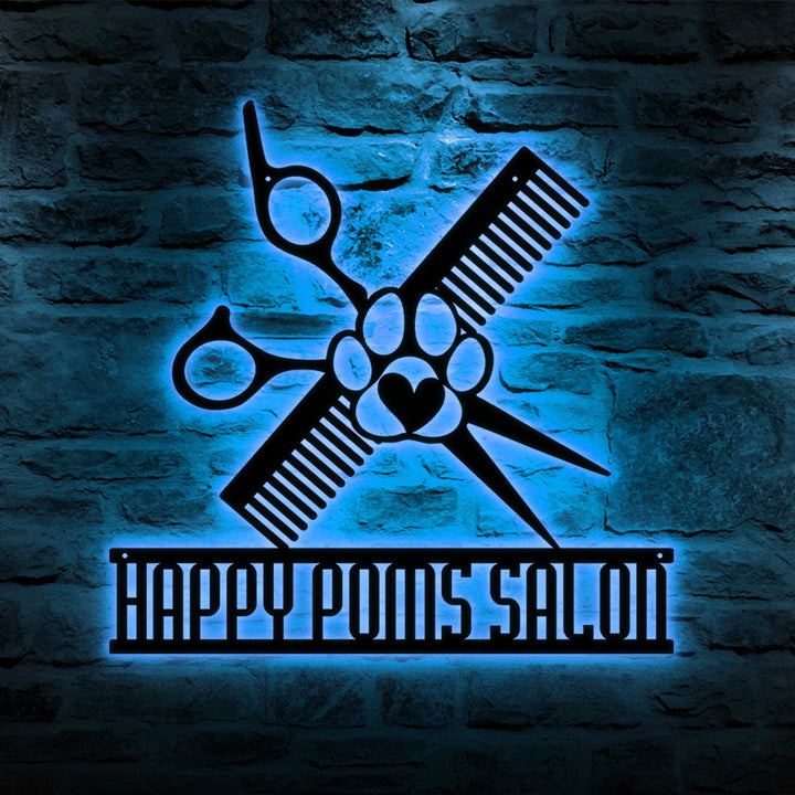 Custom Dog Grooming Hair Salon Metal Wall Art LED Light Personalized Groomer Name Sign Home Decor Pet Grooming Decoration Christmas Gift