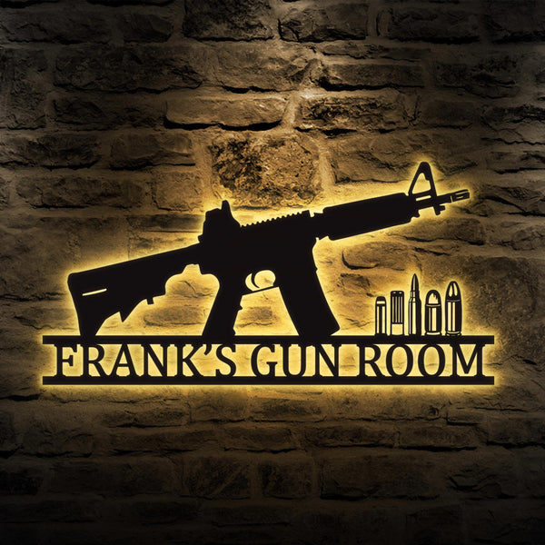 Personalized Gun Metal Sign LED Lights, Army Gift, Armory Decor, Gun Owner Gift, 2nd Amendment, Veteran Gift, M4, AR-15 Gun Metal Wall Decor