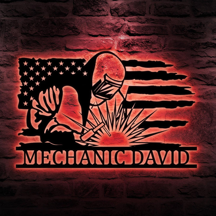 Custom Welder US Flag Metal Sign with Led Light, Xmas Birthday Gift for Welder Dad, Father's Day, Ironworker Sign, Welding Wall Art Decor