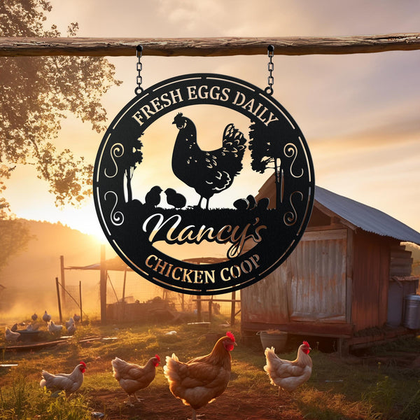 Custom Chicken Coop Metal Sign, Chicken Farm Wall Art Decor, Personalized Chicken House Sign with Family Name, Gift For Mom Grandma Farmer