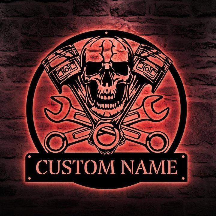 Custom Mechanic Skull Metal Wall Art With LED Light, Personalized Mechanic Name Sign Room Decor Garage Sign, Gift For Motorcycler, Workshop