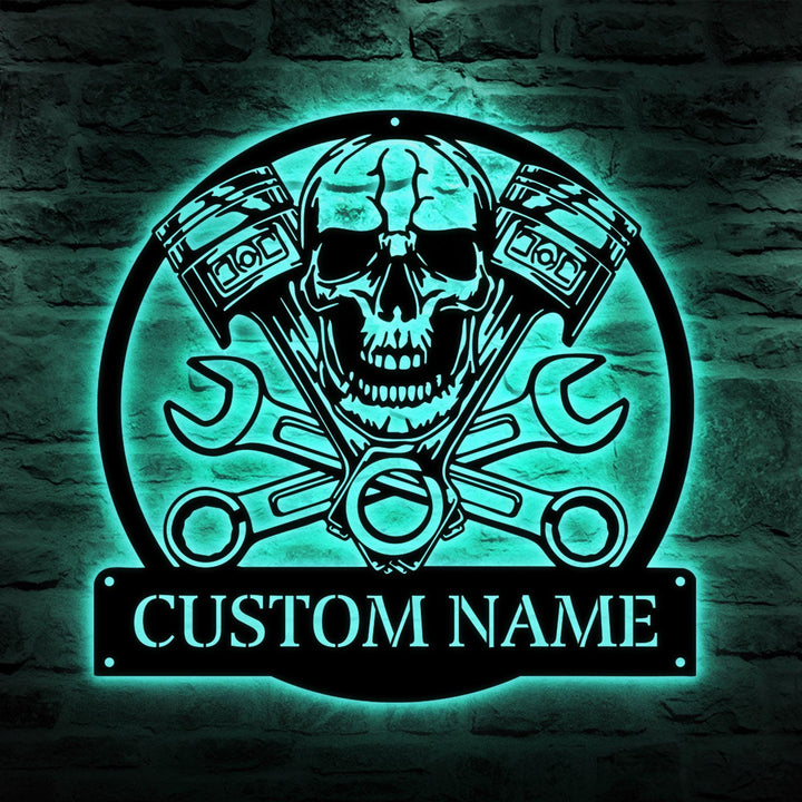 Custom Mechanic Skull Metal Wall Art With LED Light, Personalized Mechanic Name Sign Room Decor Garage Sign, Gift For Motorcycler, Workshop