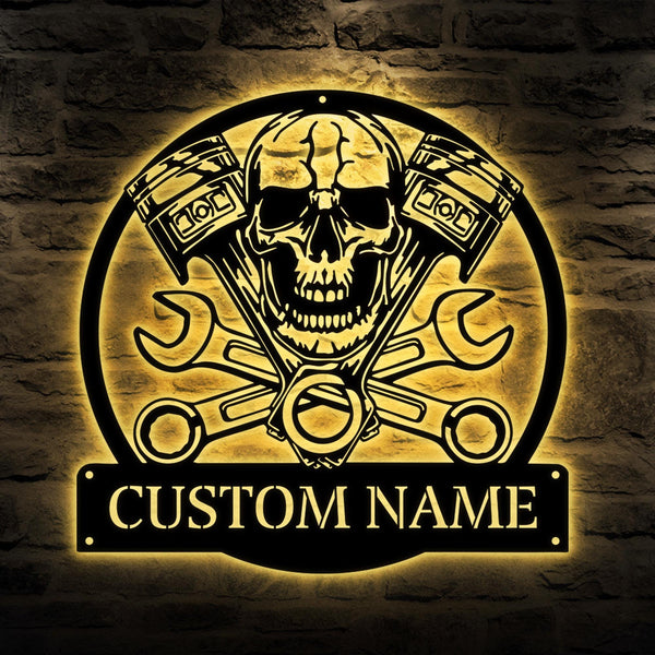 Custom Mechanic Skull Metal Wall Art With LED Light, Personalized Mechanic Name Sign Room Decor Garage Sign, Gift For Motorcycler, Workshop